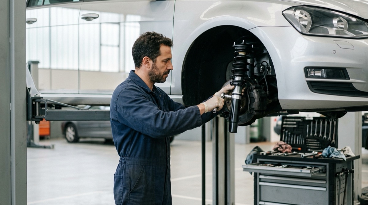 Mecânico a substituir os amortecedores de um automóvel numa oficina em Portugal