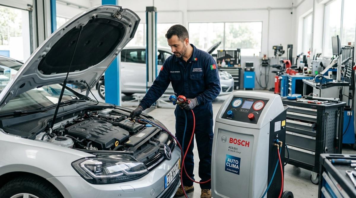 Técnico português a fazer manutenção e recarga de gás ao ar condicionado de um automóvel numa oficina especializada