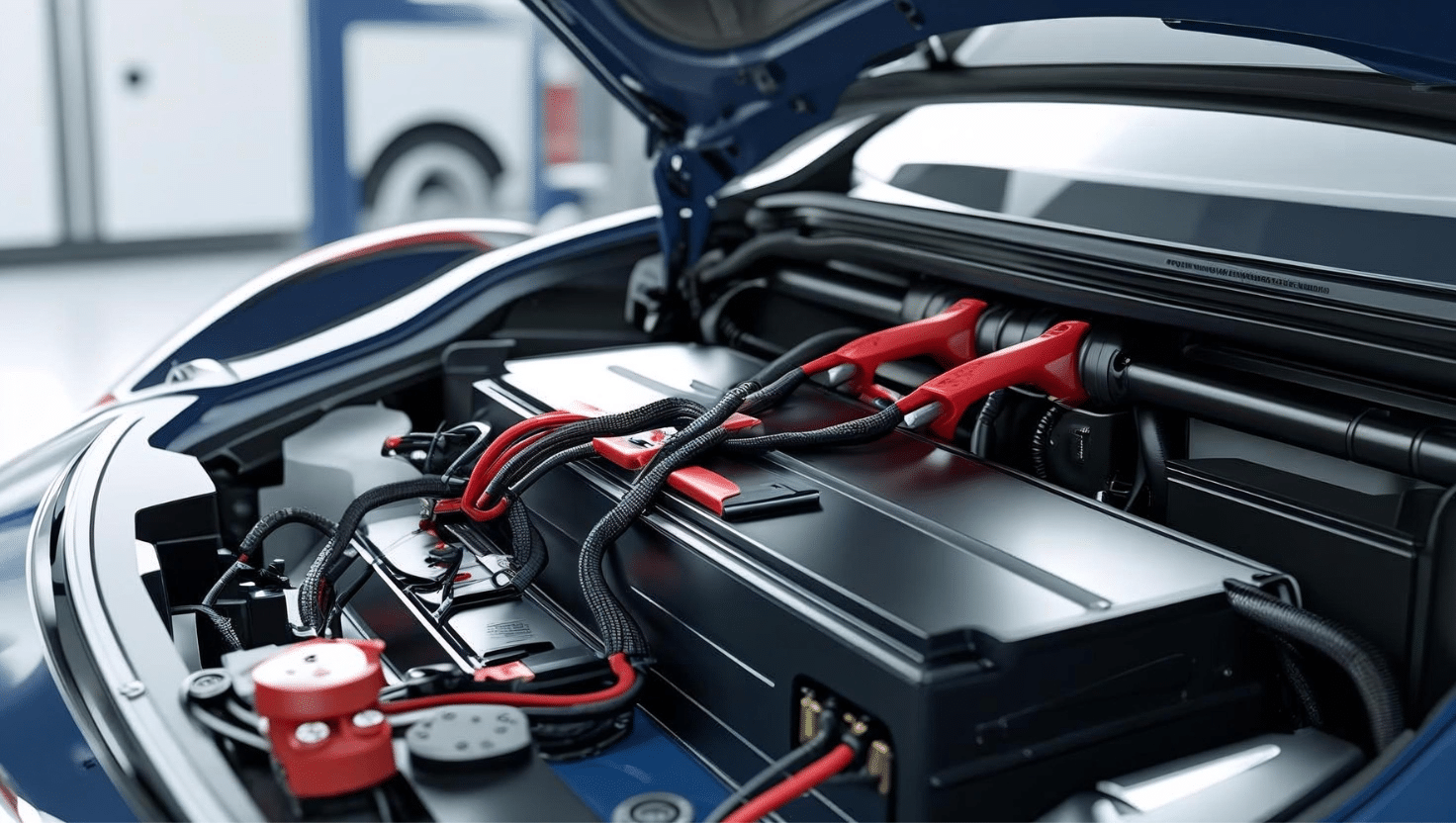 Bateria de carro elétrico em corte técnico com indicadores de saúde