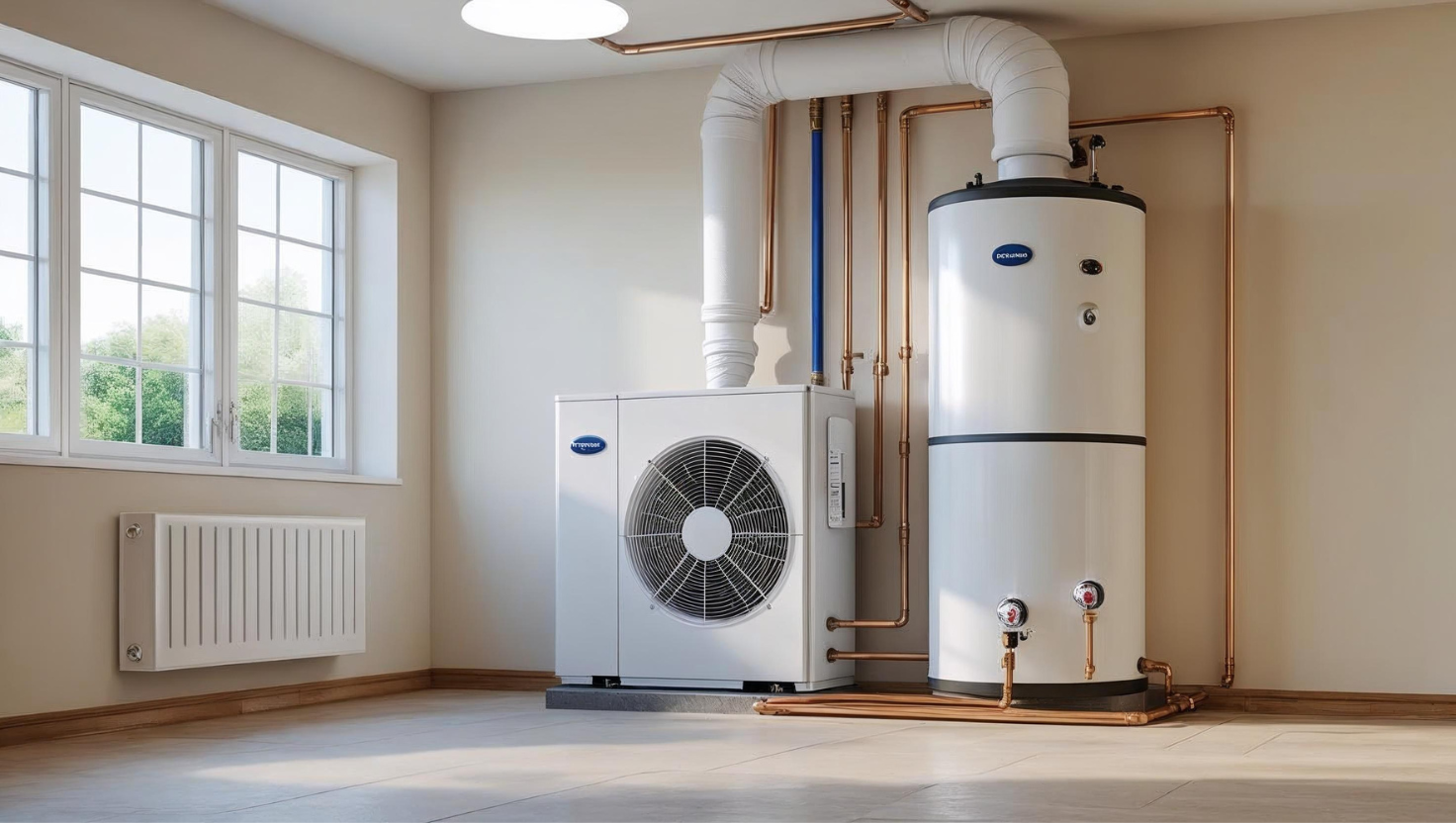 Bomba de calor ar-água instalada no exterior de uma casa portuguesa