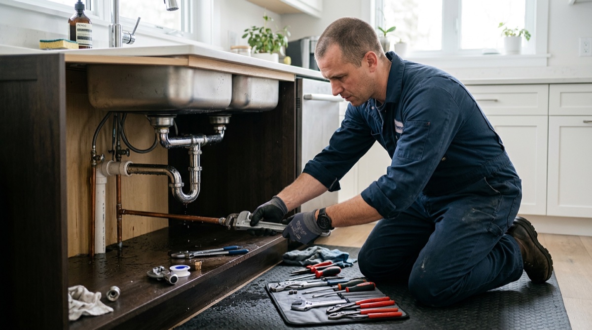 Canalizador profissional a reparar tubagem de emergência em casa portuguesa