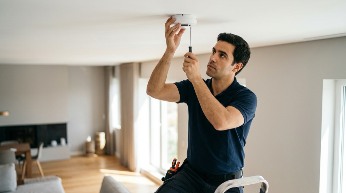 Técnico português a instalar um detetor de fumo no teto de uma casa em Portugal