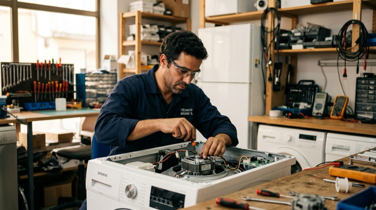 Técnico a reparar eletrodoméstico ao abrigo do direito à reparação em Portugal