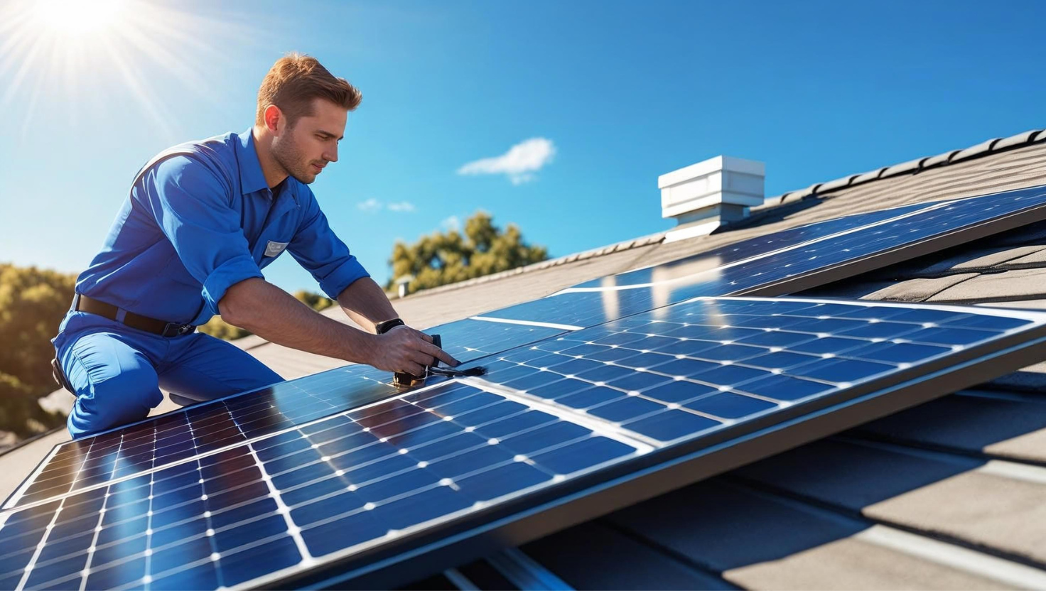 Painéis solares fotovoltaicos instalados num telhado em Portugal com céu azul