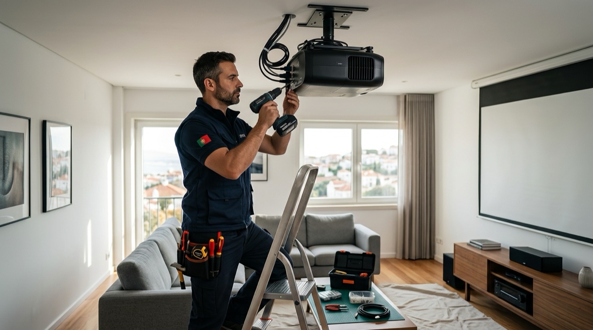Técnico audiovisual português a instalar projetor de home cinema no teto de uma sala moderna em Portugal