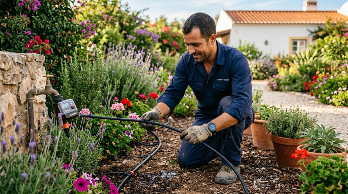 Técnico português a instalar sistema de rega automática num jardim com gota a gota