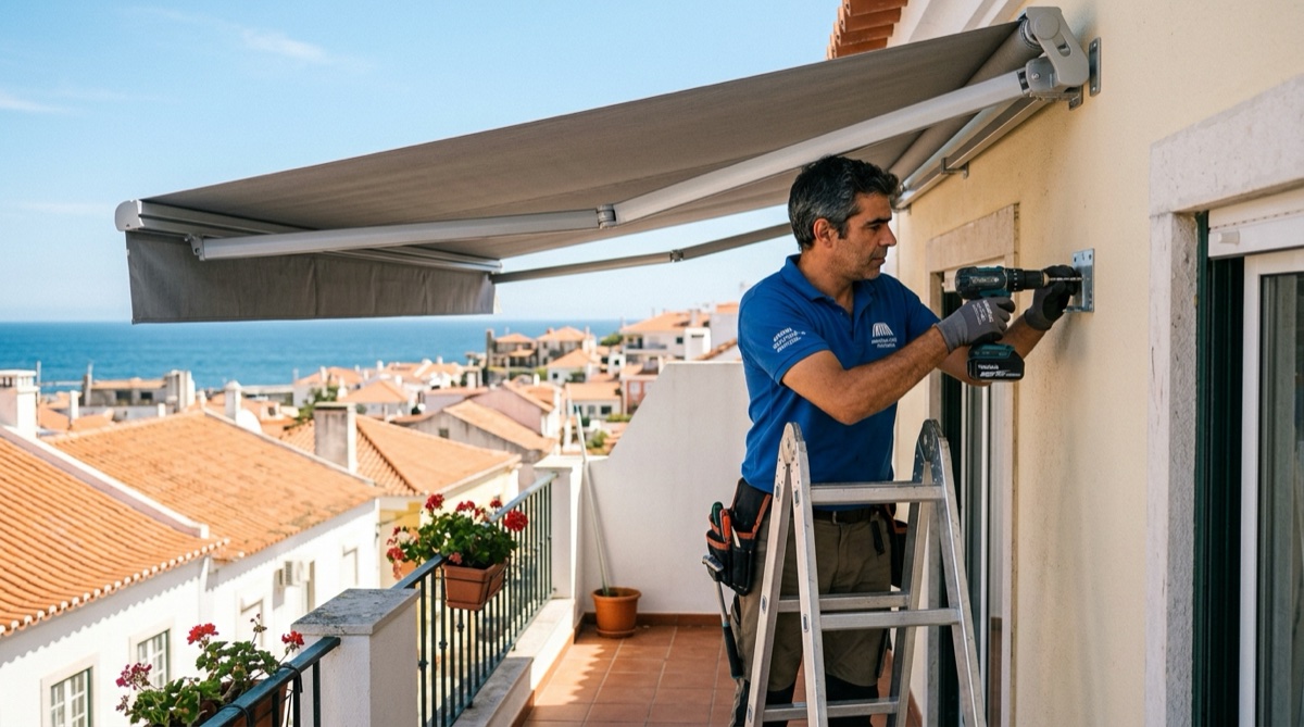 Técnico português a instalar toldo motorizado na varanda de um apartamento