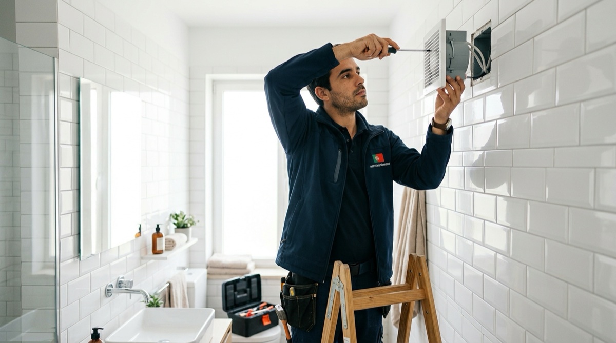 Técnico a instalar exaustor de ventilação em casa de banho portuguesa
