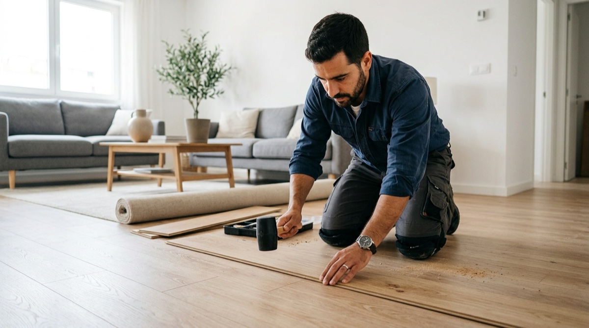Técnico português a instalar piso flutuante laminado numa sala de estar