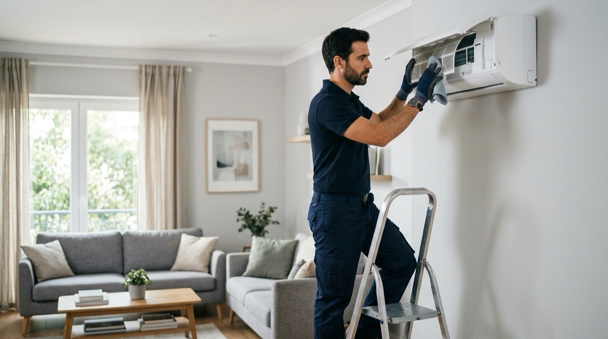 Técnico a fazer manutenção de ar condicionado split em casa portuguesa