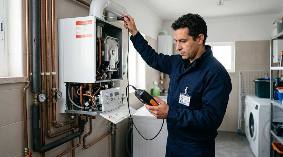 Técnico certificado a fazer manutenção de caldeira a gás em segurança