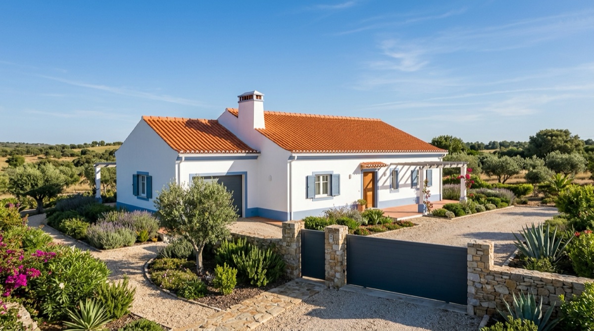 Exterior de casa portuguesa com telhado, jardim e portão bem mantidos