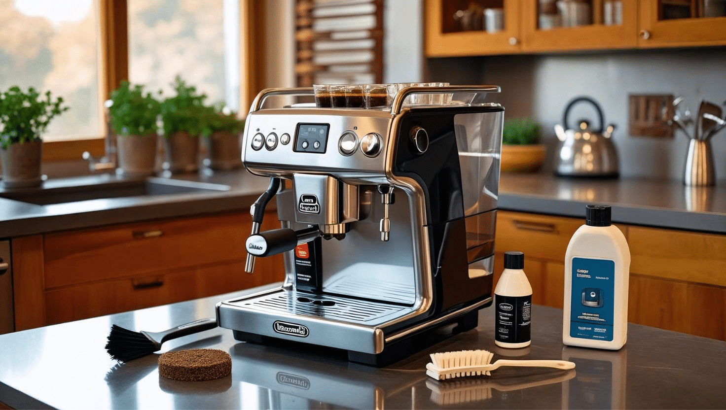 Máquina de café automática a ser limpa numa cozinha portuguesa