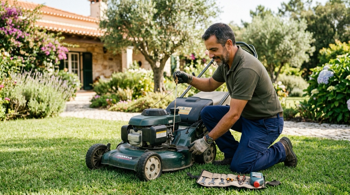 Técnico português a fazer manutenção a máquina de cortar relva em jardim