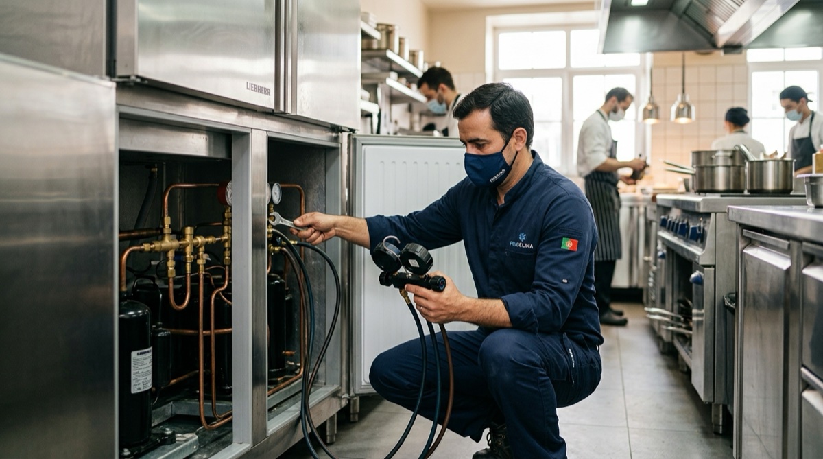 Técnico a realizar manutenção de câmara frigorífica comercial em restaurante em Portugal