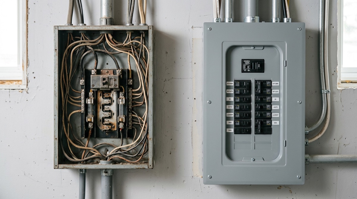 Quadro elétrico antigo com sinais de desgaste e necessidade de substituição