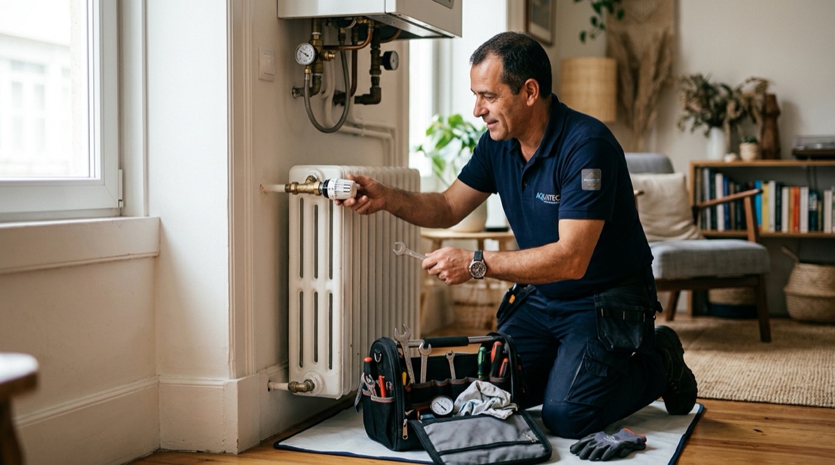 Técnico canalizador português a efetuar manutenção num radiador de aquecimento central