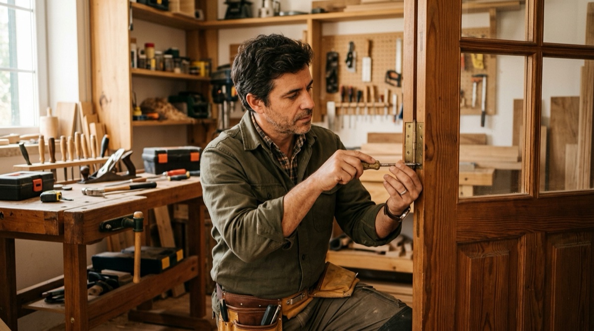 Carpinteiro português a reparar porta de madeira interior com formão e lixa