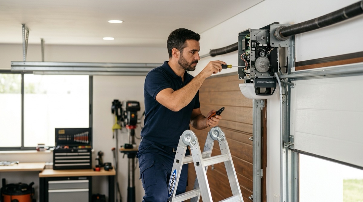 Técnico português a reparar motor de portão de garagem automático