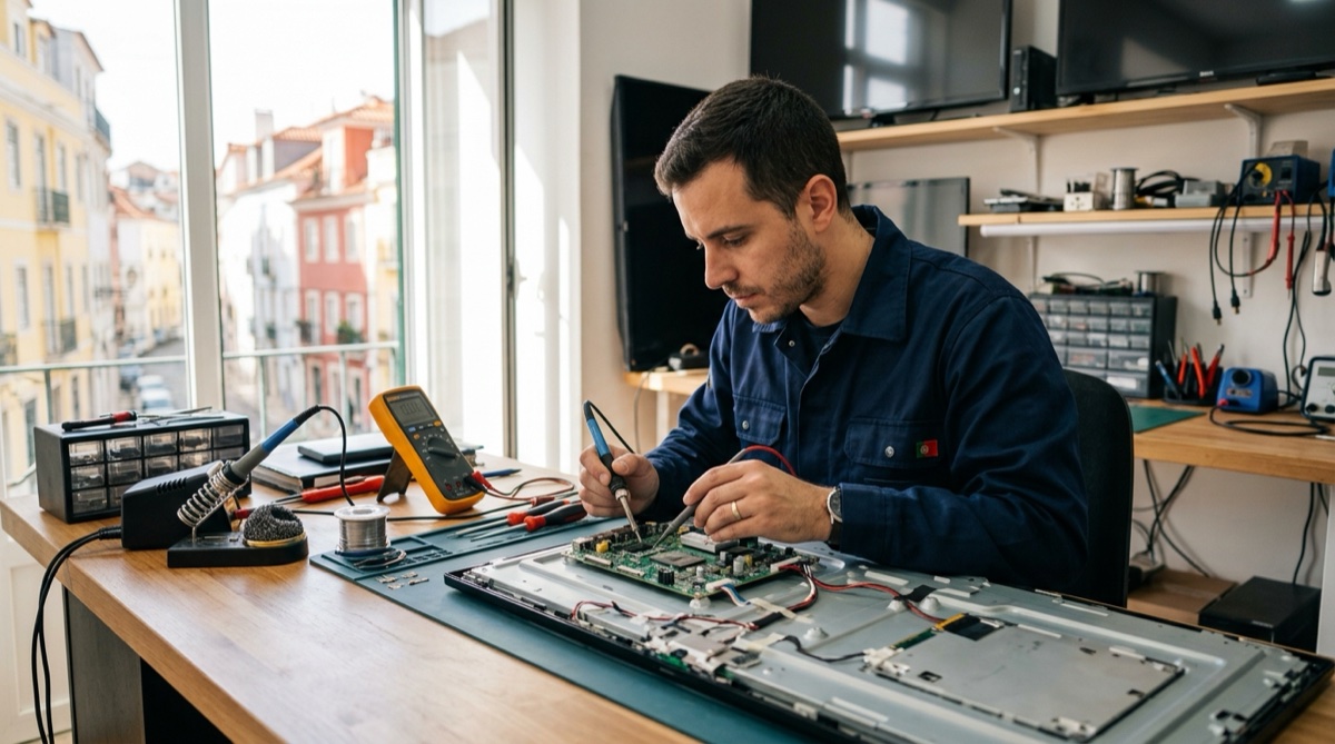 Técnico a reparar televisão LED com ferramentas profissionais numa oficina em Portugal