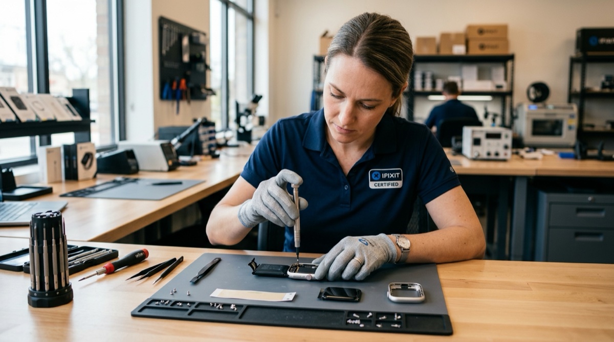 Técnico a substituir bateria de smartwatch Apple Watch numa oficina de reparação em Portugal